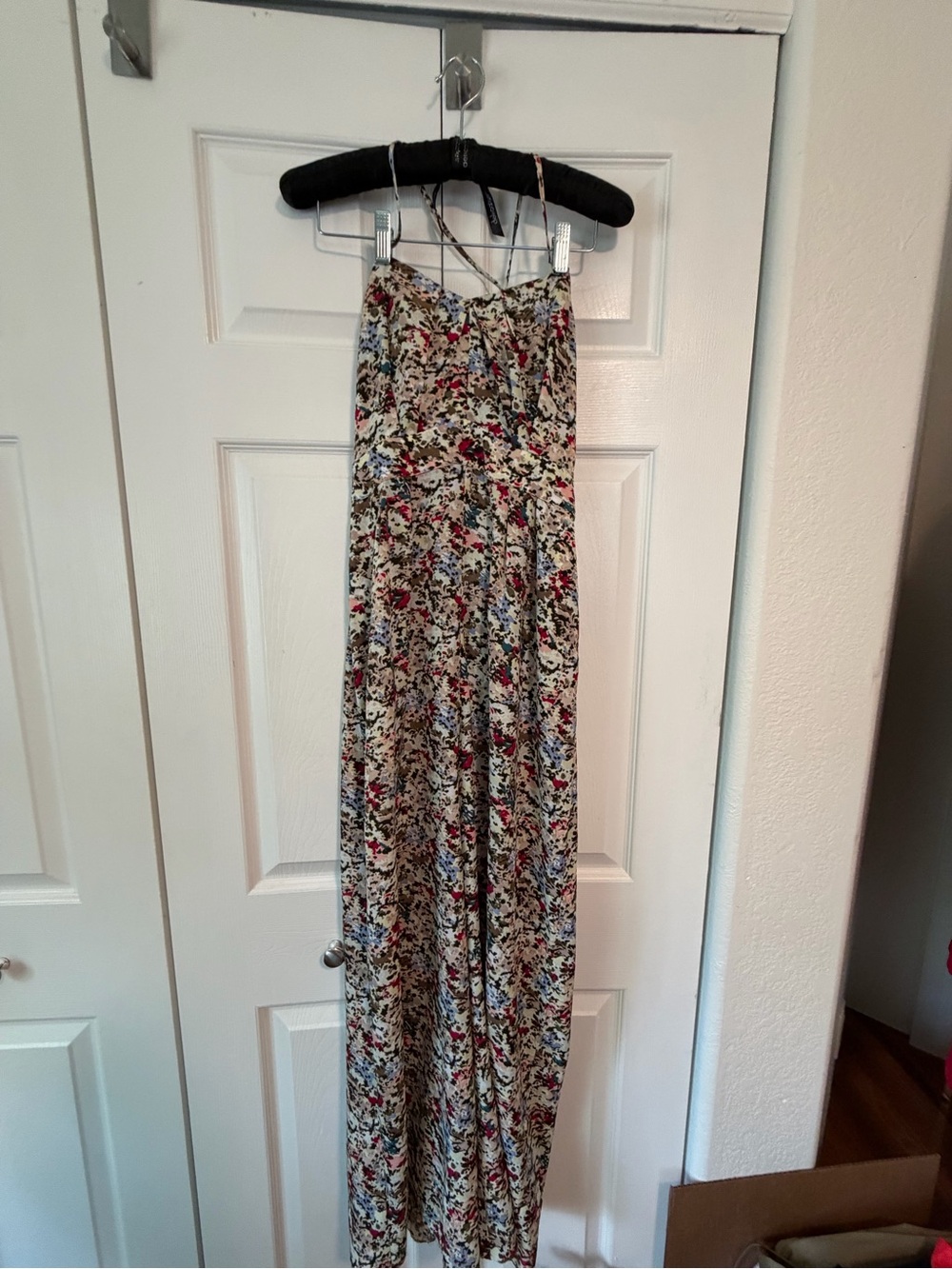 BCBGeneration Cream pants romper halter top with Pink, Blue & Black Floral Print